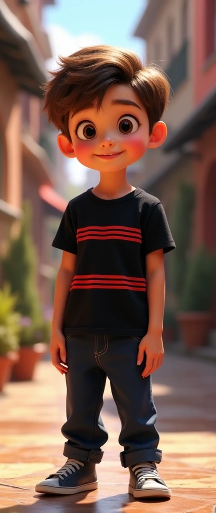 A boy 12-year with brown hair wears a black shirt with dark red stripes, dark blue pants , and gray shoes Disney Pixar