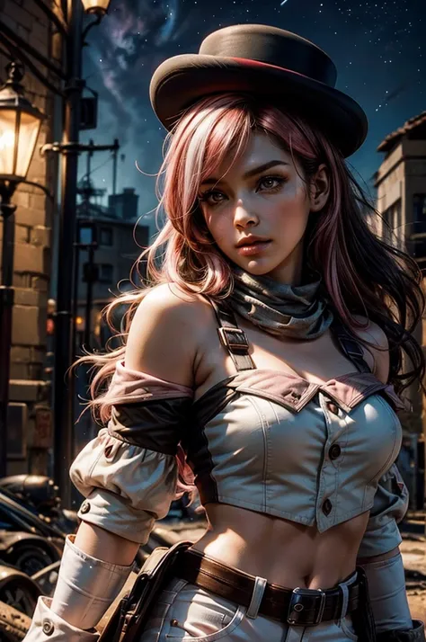 pink and brown hair, multicolored hair, neopolitanatlas, bowler hat, grey scarf, white gloves, white shirt, off-shoulder shirt, black sleeves, midriff, white belt, white pants, outdoors, post apocalyptic scene, future urban, cityscape, debris, bonfire, wre...