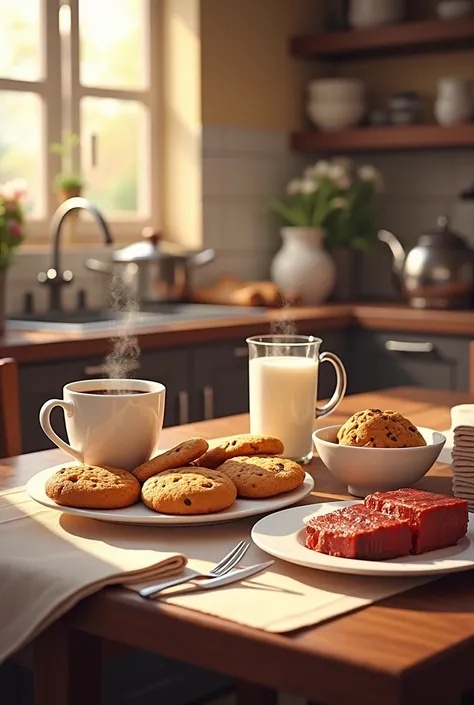 a kitchen that contains a table , cookies, cafe, milk , meat, pan, Water,lamina, fork, cup, napkins, glass cup ,