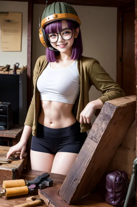 Lucca, purple hair, helmet, glasses, (midriff, navel), wood room, repair tools, standing, smile,