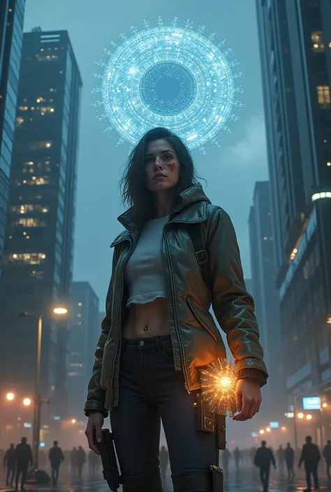  A dystopian futuristic city ,  with glass and metal skyscrapers under a dark sky . in the center,  a huge sphere of light and circuits represents intelligence artificial Omega , observing everything . in the foreground,  a strong woman named Alexia ,  wit...