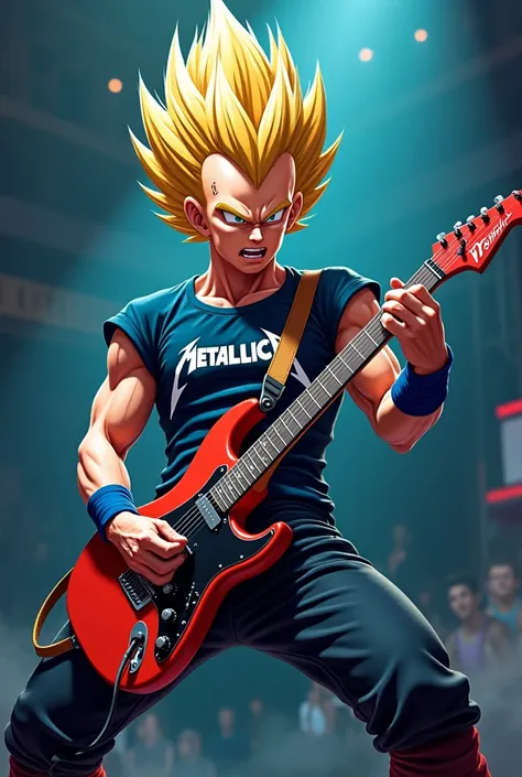 Vegetta from Dragon Ball Z playing rocker guitar with less realistic Metallica t-shirt with yellow hair 