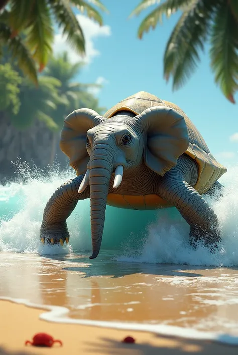 Haz una tortuga con cabeza de elefante 🐘 surfeando en una playa 