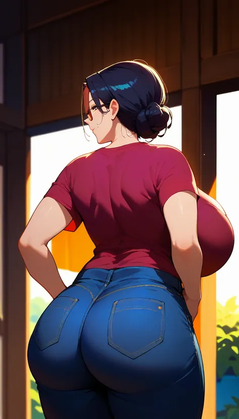 score_9, score_8_up, score_7_up, milfication, 1girl, solo, mature female, milf, rear view, gigantic breasts, t-shirt, jeans, upper body