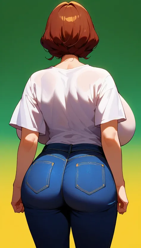 score_9, score_8_up, score_7_up, milfication, 1girl, solo, mature female, milf, rear view, gigantic breasts, t-shirt, jeans, upper body