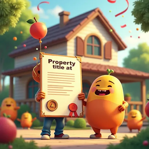 in front of a house,  a person or object holding a property title with a seal "Approved". In the background, other fruits or characters celebrating .

