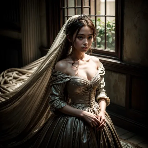 A peasant daughter 、 、 A beautiful and tragic scene unfolds 。. image,  probably heartbreaking picture ,  Capturing the delicate balance between beauty and sorrow .  Her steps are full of graceful elegance ,  Her loose gown contrasts with the dark earth . y...