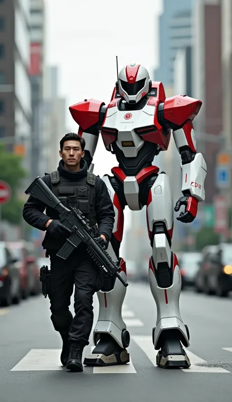 A Japanese soldier dressed in contemporary military uniform, gripping a large futuristic firearm, marches confidently on a city street next to a 2-meter combat robot designed with a sleek white and red exterior, representing Japan’s flag.