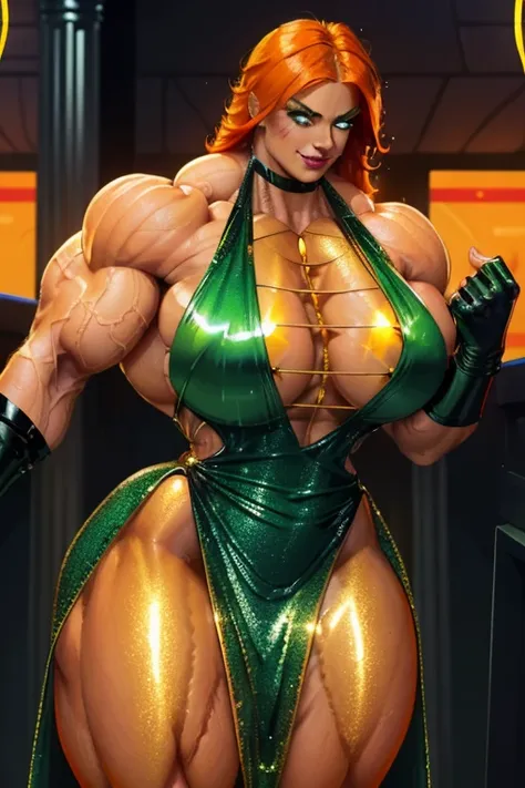 ((Close-up)), tall, ((orange hair)) beautiful muscular woman, long shaggy hair, white skinned, closed smile, (black lipstick), (massive muscles), (hyper muscle), (ginormous bulky muscles), green eyes, (((((beautiful long shiny halter dress))))), (fingerles...