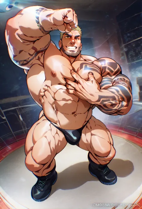 a muscle stripper dancing on a large stage , muscle tattooed bearded almost naked redhead, very handsome, Muscular black thong, Meatloaf posture, bulky muscles ,  bodybuilder PRO, man,  commission for high resolution ,  super muscular and great, science fi...