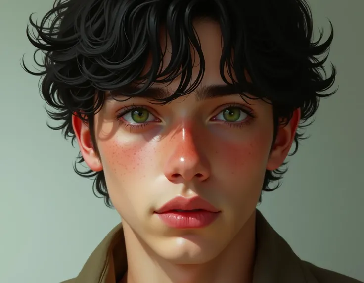  young man, green eyes, black wavy hair that covers his forehead, he has freckles