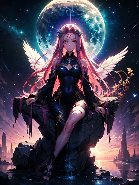  黒マントを着た裸の Medusa の少女が渦巻の中を飛んでいる,   anime fantasy artwork sitting on a rock with a full moon in the background。sitting on a rock、There is a full moon in the background。 Medusa , Hair is made of snakes、Mythical world、 Glaring works， Anime Fantasy Illustrati...