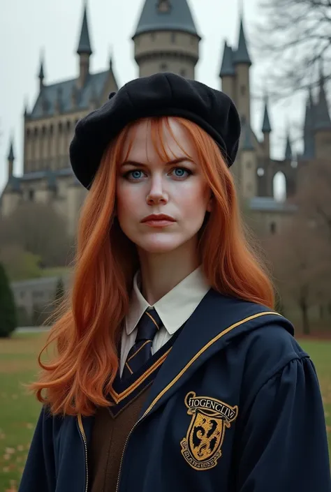  Nicole Man with  , nos anos 60 em hogwarts,  wearing a ravenclaw , And a black beret . with long straight red hair ,  blue eyes and pale white skin