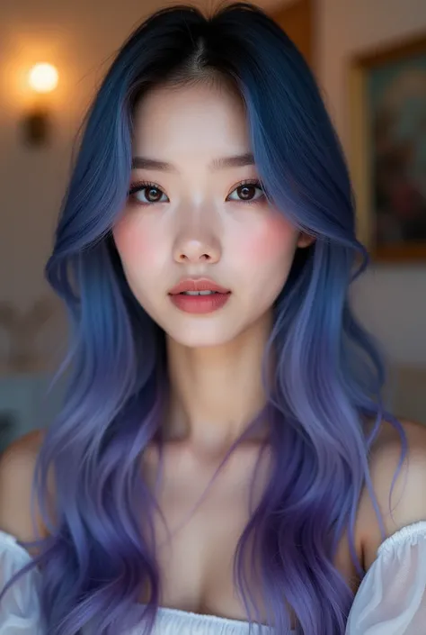 Beautiful  girl, Teenage Girl, nude、Long, blue hair with purple tips, cosmetics, Lipstick advertising shoot, Selfie photo,Almond-shaped eyes, Button Nose, Fuller lips, Very exquisite and detailed, Natural make up,Black eyeliner, Plump lips, glossy lips wit...