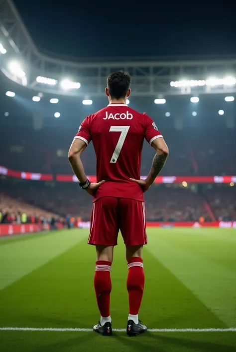 Liverpool player , White male 24 years old,  wavy black hair, Do you have a tattoo on the arm , Eclectic physique , muscular.  He wears Liverpools red 2024 uniform,  number 7 on the shirt and name "Jacob" black nike boots. Back to back on a soccer field at...