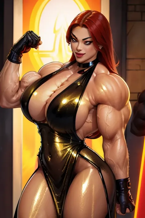 ((Close-up)), tall, (red hair) beautiful muscular asian woman, long hair, white skinned, closed smile, (black lipstick), (massive muscles), (hyper muscle), (ginormous bulky muscles), yellow eyes, (((((beautiful long shiny halter dress))))), (fingerless glo...