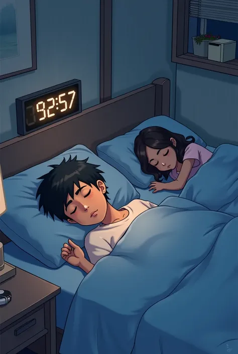 anime image of a boy with black skin and short hair sleeping in his room and a Caucasian girl with brown hair sleeping in her own room and above them a digital clock marking 10 at night }