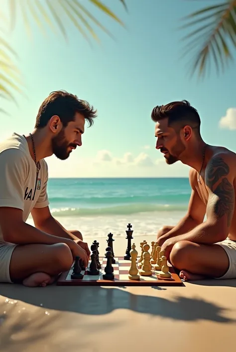 Messi and Ronaldo playing chess on a beach.