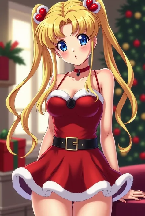 Christmas background anime blonde adult woman with long hair tied to two tall pigtails blue eyes with a face identical to Serena Tsukino character from the anime Sailor Moon wearing a short Santa Claus dress full body image