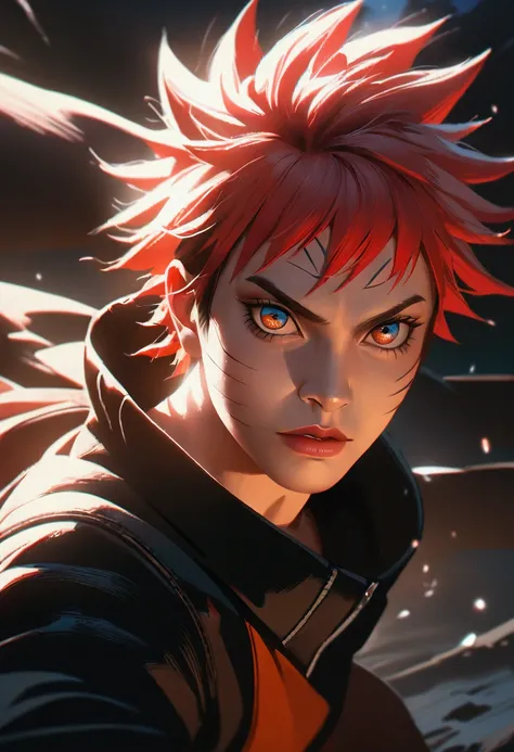 1 young man, Naruto Uzumaki, red hair, black clothing, highly detailed face, intricate facial features, beautiful detailed eyes, beautiful detailed lips, extremely detailed eyes and face, long eyelashes, cinematic lighting, dramatic shadows, vibrant colors...