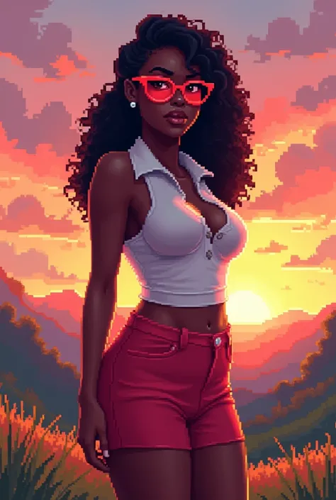 Drawing a black girl, golf outfit style, long curly hair, sunrise background，Pixel Art，front, wearing red glasses