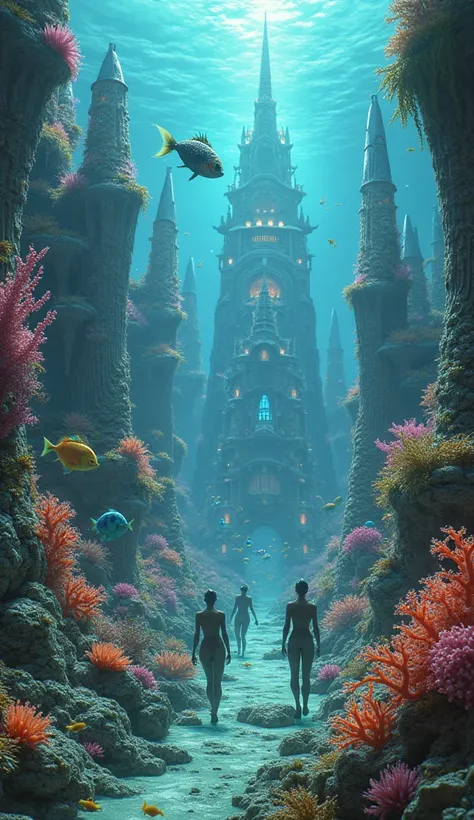 A city of humanoid fish, with architecture inspired by corals and shells, and inhabitants with scales and tails.