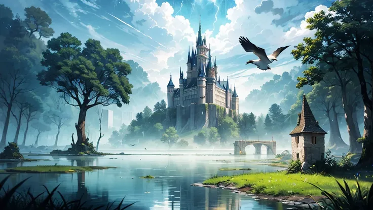 Upside Down World:2, ( The painter designed a castle that floats on floating land，The forest and springs are in the sky ,  above a few clouds and a thunderstorm )1.4,  Bird&#39;s Eye View, scenery, Norman,   dress  ,  ( best quality), (masterpiece:1.3), (P...