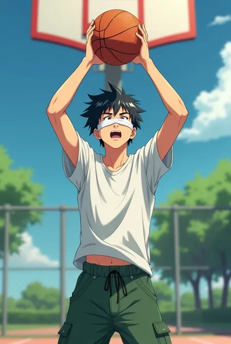 18-year-old anime boy who blindfolds his eyes with a white bandage and wears a white t-shirt and green pants playing basketball