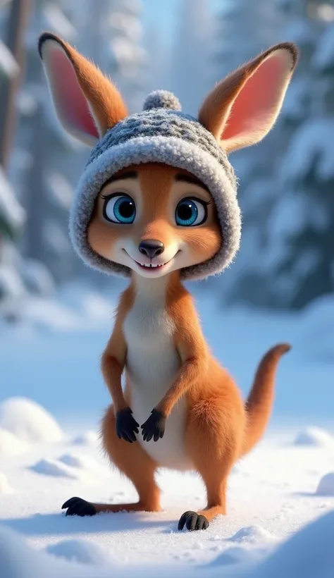 Disney Pixar style character kangaroo with blue eyes that is standing on to make movements walking that is in the snow and that has a hat