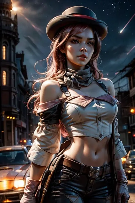 pink and brown hair, multicolored hair, neopolitanatlas, bowler hat, grey scarf, white gloves, white shirt, off-shoulder shirt, black sleeves, midriff, white belt, white pants, outdoors, post apocalyptic scene, future urban, cityscape, debris, bonfire, wre...