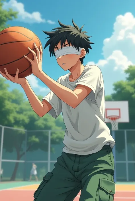 18-year-old anime boy who blindfolds his eyes with a white bandage and wears a white t-shirt and green pants playing basketball