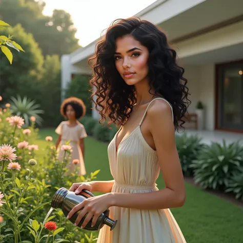 Brunette softly curly 21 yo girl at yard with a short summer dress at yard watering the plants, modern luxury house at background, perfect body, black hair, curly little  sister playing at background, 
