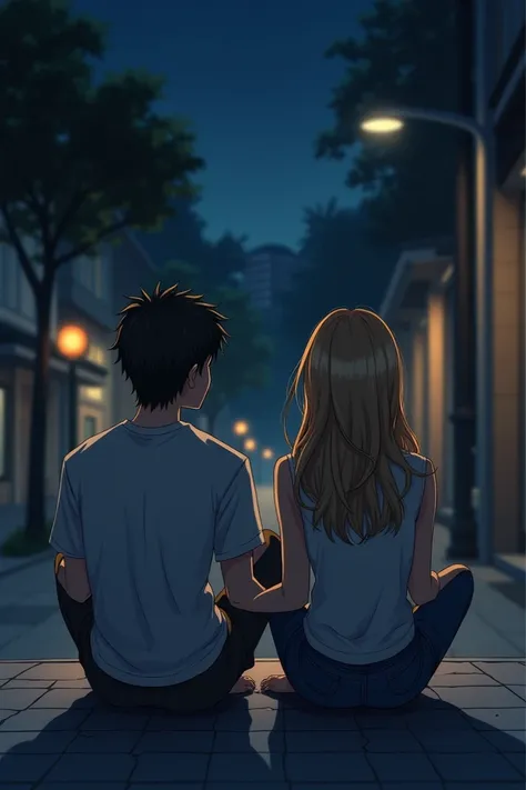  Japanese man with the medium hair on his shoulder .
 Sitting on the sidewalk with a Brazilian woman with light brown hair, blonde highlights .
They are sitting on the sidewalk at night on the street 