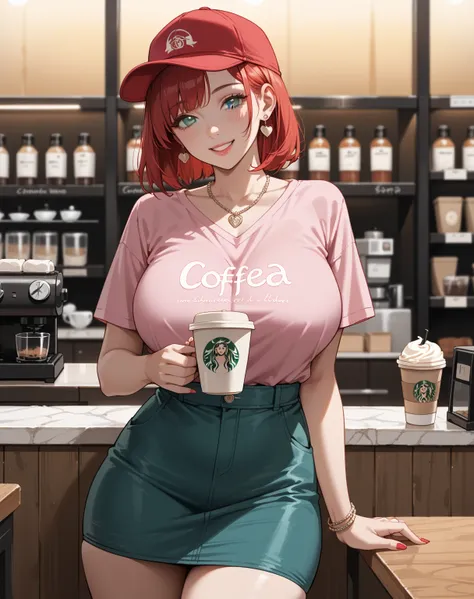 score_9, score_8_up, score_7_up, source_anime, 1girl, sexy woman, middle aged woman, huge breasts, large breasts, curvy, voluptuous, red hair, grey eyes, medium haircut, pink t-shirt, no bra, short skirt, red cap, necklace, earrings, jewelry, smile, standi...