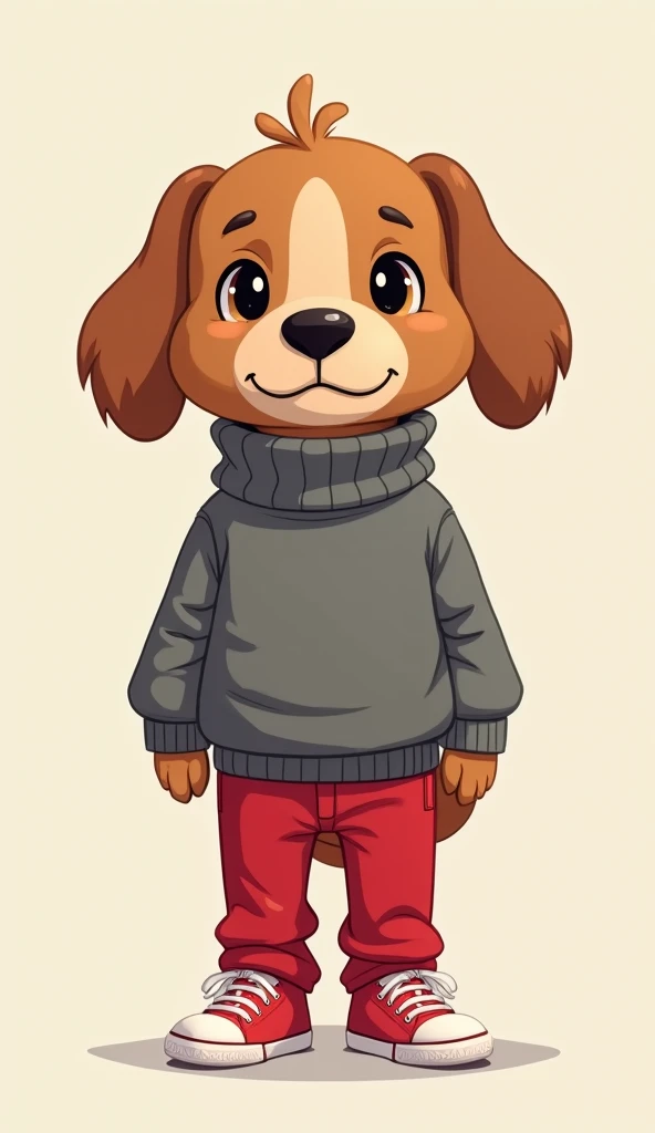  Create a cartoon image from the meme the quiet dog from TikTok ,  the dog is brown and wears a gray turtleneck blouse and red jeans and sneakers, With a quiet face  