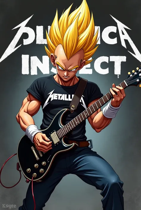 Vegetta from Dragon Ball Z playing rocker guitar with Metallica t-shirt less realistic with yellow hair in 2d that you can see more the shirt that is a little quieter show me the previous image the rockier background in 2d in black and white that says damn...