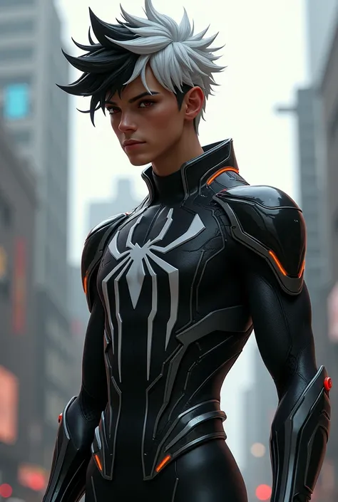  a 17-year-old male teenager , with long bicolor black and white hair ,red eyes,brown skin ,Cyberpunk black and gray Spiderman costume 