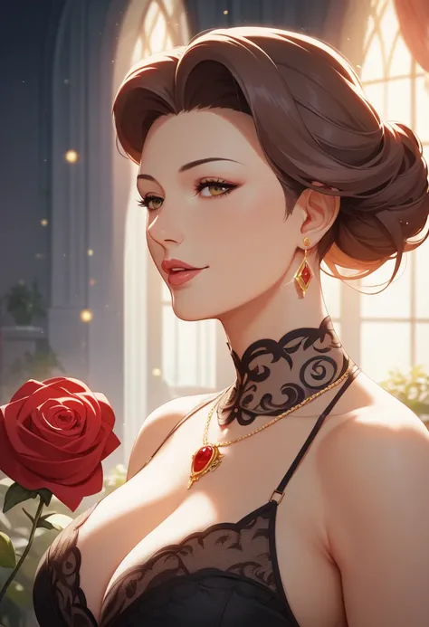 ( extremely detailed 8k , masterpiece,  Best quality ,  overdetailed), ( Better lighting , the best shadow), 45-year-old Spanish woman , mature, square face, wear 1 red rose on your neck necklace, in a black lace dress with red,  gold earrings , features, ...