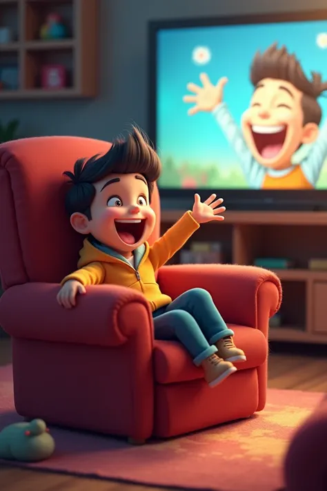  ren sitting in an armchair in front of the TV. Happy and laughing out loud , animated characters