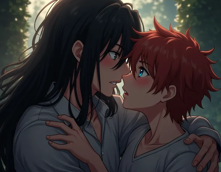 a black haired man with long hair kissing a teenage boy with red hair or blue eyes