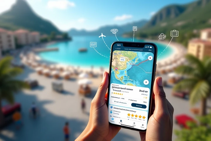  Create a visually appealing image , communicating the benefits of using AI for vacation planning.

In the foreground: tablet or smartphone with travel app interface. Screen should show:

Map with routes and offers.
elements, reflecting personalization, Fo...