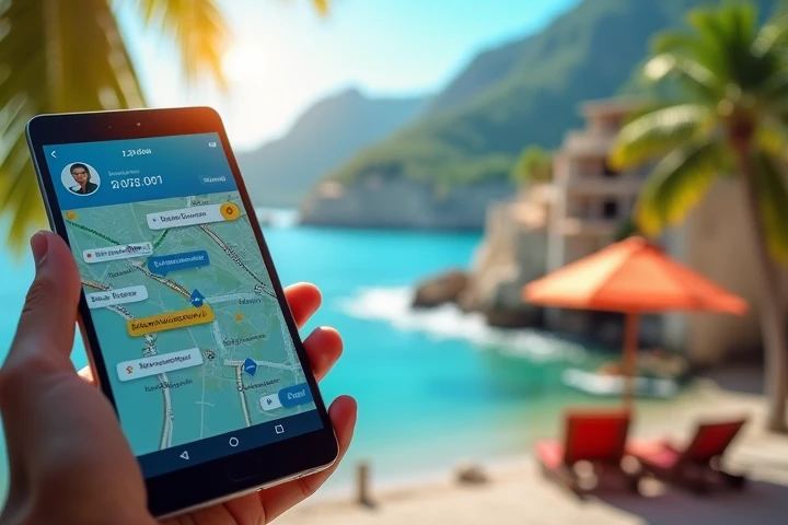  Create a visually appealing image , communicating the benefits of using AI for vacation planning.

In the foreground: tablet or smartphone with travel app interface. Screen should show:

Map with routes and offers.
elements, reflecting personalization, Fo...