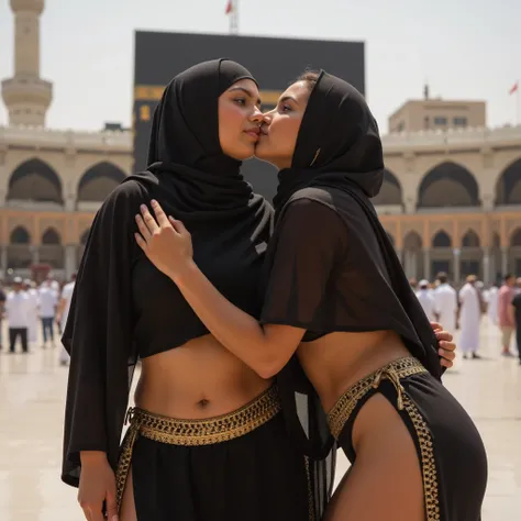 Two Niqab Egyptian women with sexy bodies and Without clothes,The Kaaba is in the background. each with large breasts, sexy kissing .best quality,highres,ultra-detailed,realistic,curvaceous,mature,voluptuous,curvy, sultry, seductive, alluring, big sexy fat...