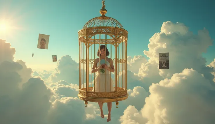 A gilded cage floating in a dreamlike sky, with a beautiful figure trapped inside, clutching a mirror. The mirrors reflection shows cracks, representing unattainable ideals. Outside the cage, social media notifications and magazine headlines float around l...