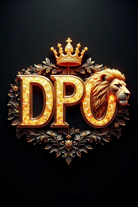 An ornate, 3D design of the 3d words ”DPO” in golden and crystalline letters. The design is embellished with a crown on top neon and is set against a textured black background. A LION is seen on the right side of the design., typography, vibrant, fashion, ...