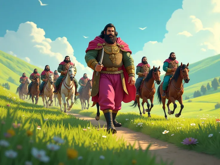 This image shows a burly commander riding across a green, hilly plain with 10 of his followers on horseback. The subject is a light brown man. His attire includes pink trousers and black boots, and he holds a sword at his side. P. The overall style is remi...