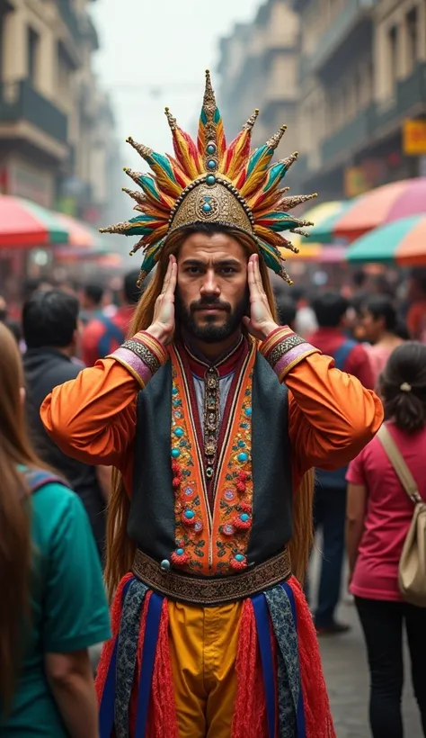 a man, with a colorful costume , In the middle of a crowd,  covering your ears,  and with a calm expression