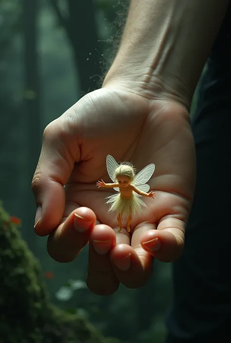 Pov looking down at a fairy in the grasp of my hand