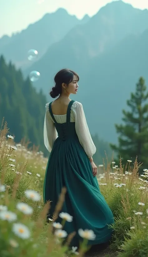  as beautiful as a movie, navy blue dress，wearing a white and darkness green dress. Beautiful Asian woman walking in the mountains ， looking in the direction of the camera ,  Full of flowers,  soap bubble balloons flying ...

 dark skies , and darkness