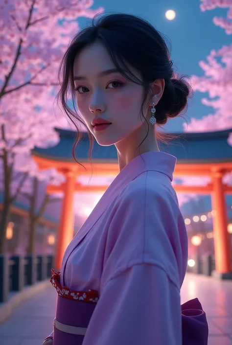 highest quality, masterpiece, ultra high resolution,Night cherry blossoms at the shrine, Highly detailed skin and facial textures:perfect dynamic composition(In front of a shrine at night in a modern city slim office lady:1.3, cowboy shot, Fair skin:1.2, s...